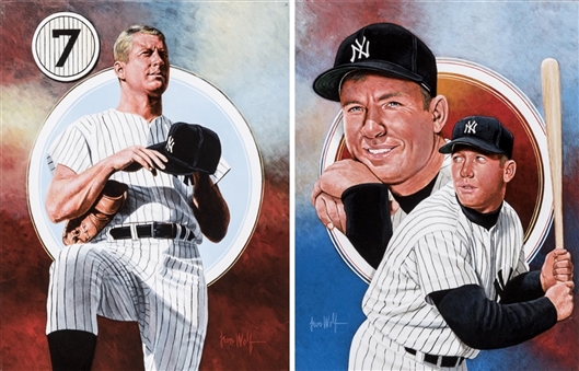 Mickey Mantle Original 16x20 Paintings By Leon Wolf Lot Of 2